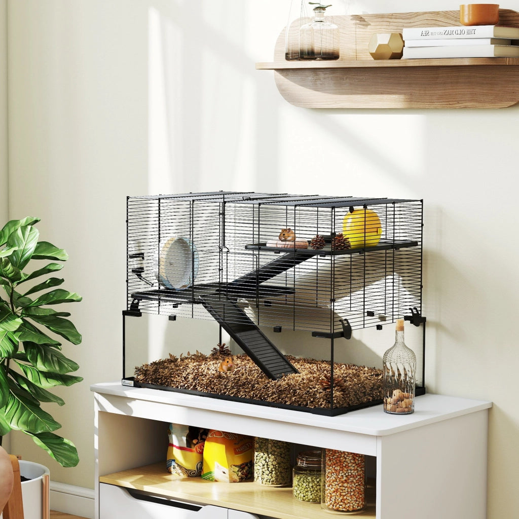Gabbia per Criceti 3 Livelli con Ruota e Accessori ¨C zephmum ¨C 76.5x48.5x54.5 cm Nero