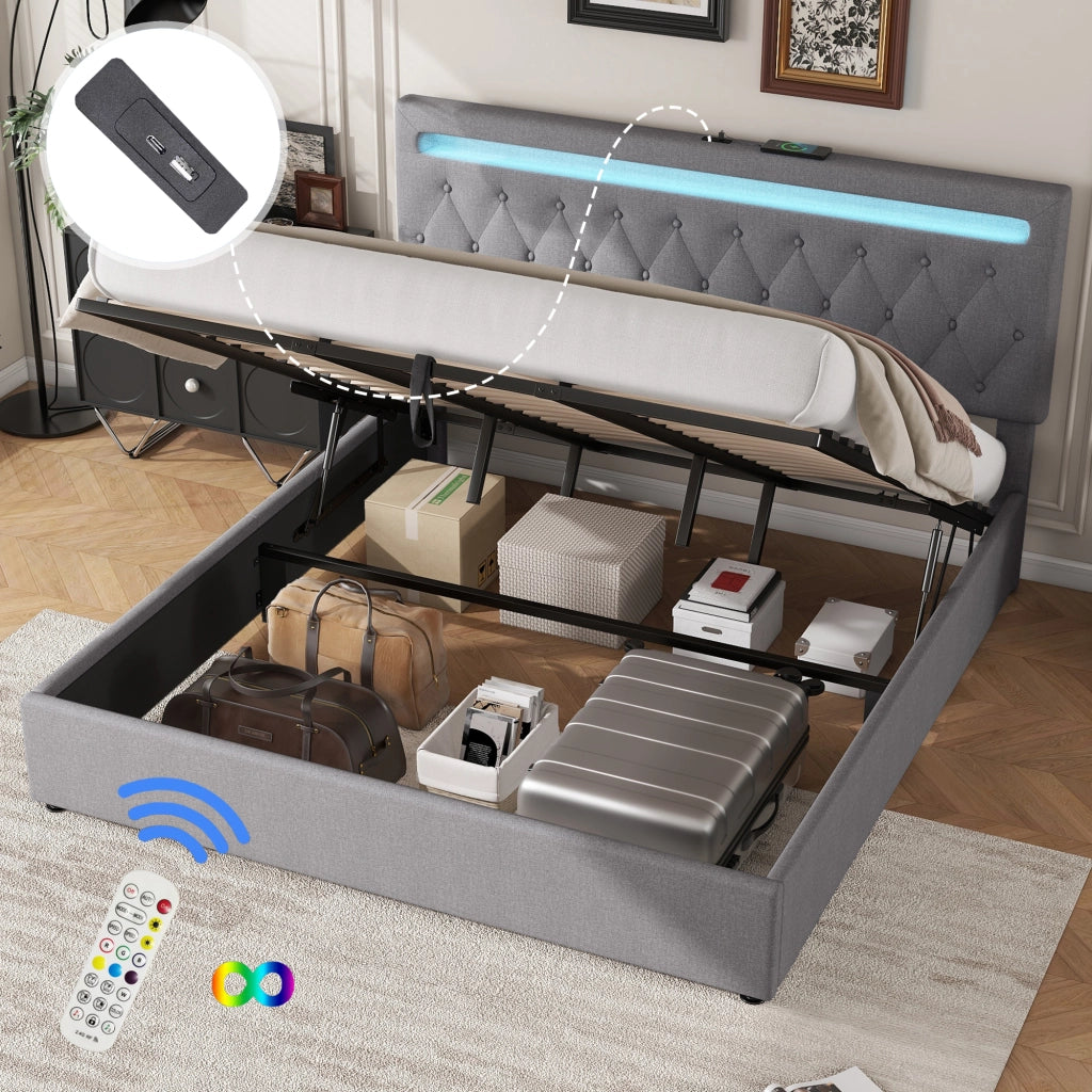 Letto Contenitore Matrimoniale 180x200 cm; USB; LED Regolabile; in Lino; Grigio