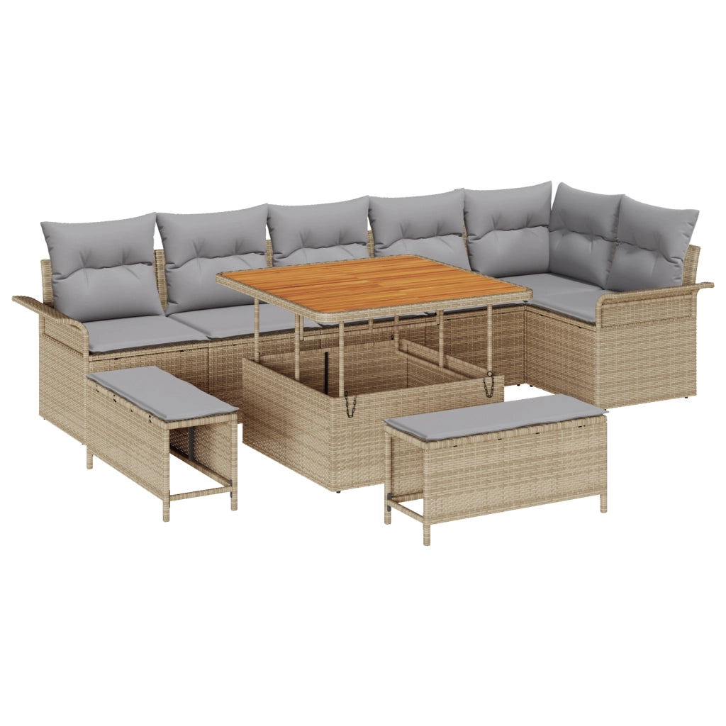 Set Divano da Giardino con Cuscini Beige in Polyrattan da 9 Pezzi