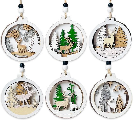 Ornamenti di Natale in Legno, 6 pezzi con Corda, Appesi al Muro