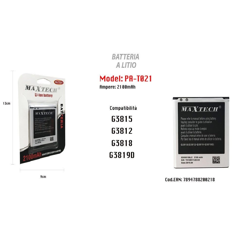 Trade Shop - Batteria A Litio 2100mah Per Samsung Galaxy G3815 G3812 G3818 G3819d Maxtech Pa-t021 -