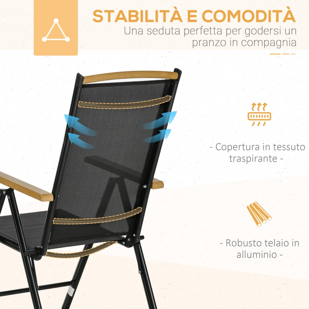 Easycomfort Set 7Pz Tavolo con Sedie da Giardino Pieghevoli e Regolabili in Texteline, Nero