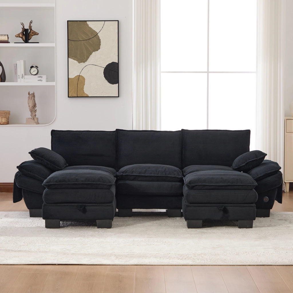 Divano modulare 3 posti con pouf, porta USB-C e tasche laterali, in velluto a coste nero 260 × 132 × 84 cm