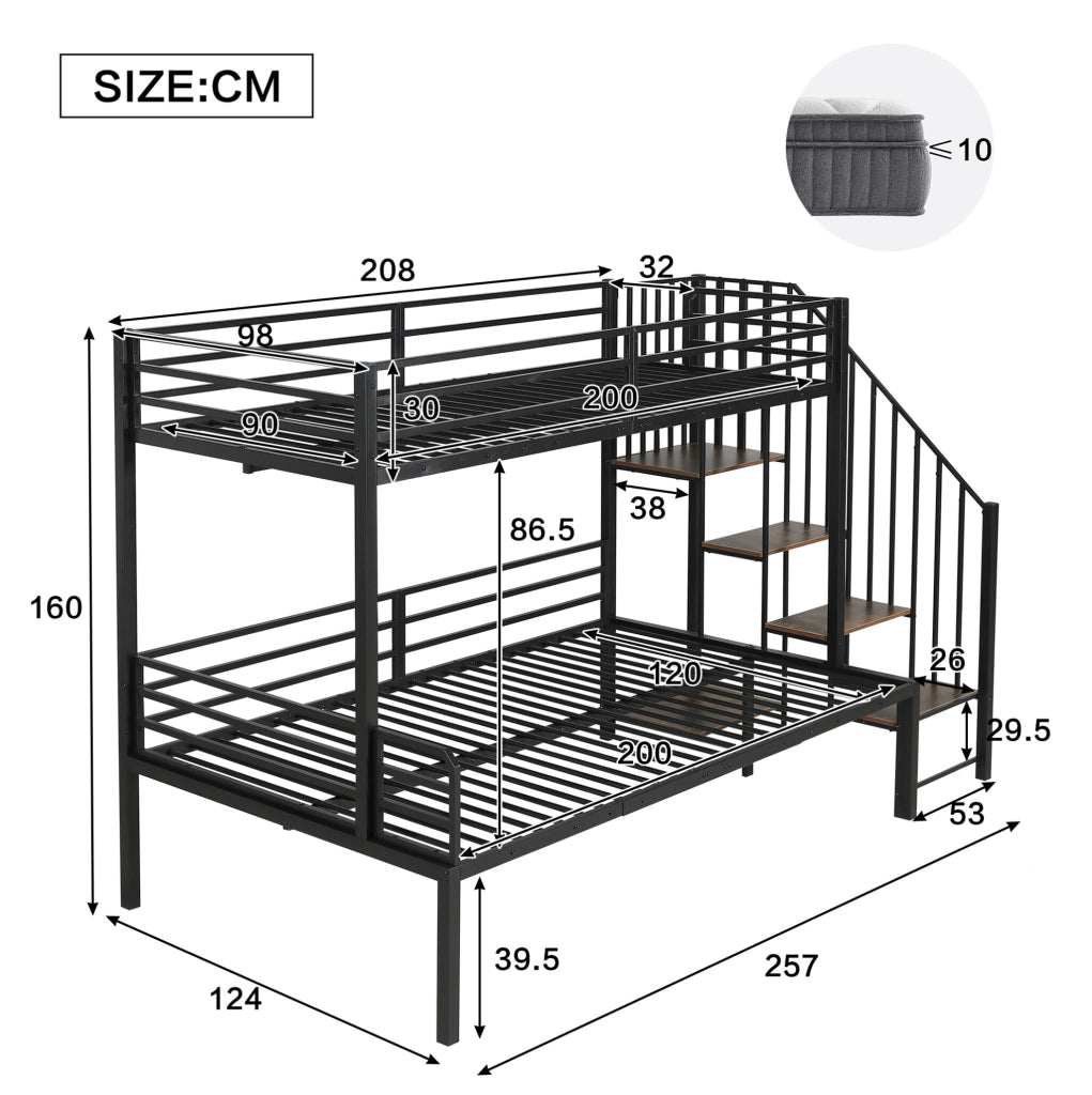 Letto a castello 90x200 cm e 120x200 cm con scala angolare; metallo e MDF nero