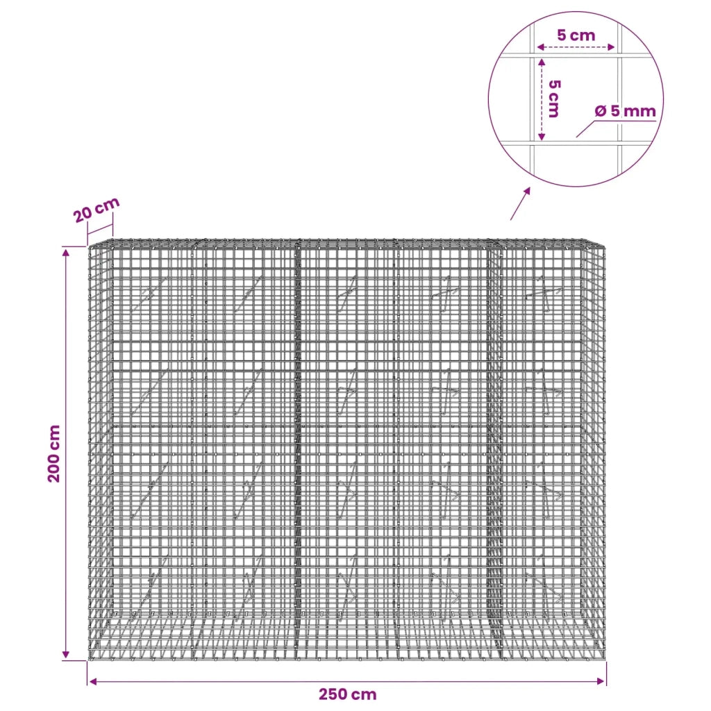 Gabione con filo da 5 mm e rete da 5x5 cm 250x20x200 cm 3464111