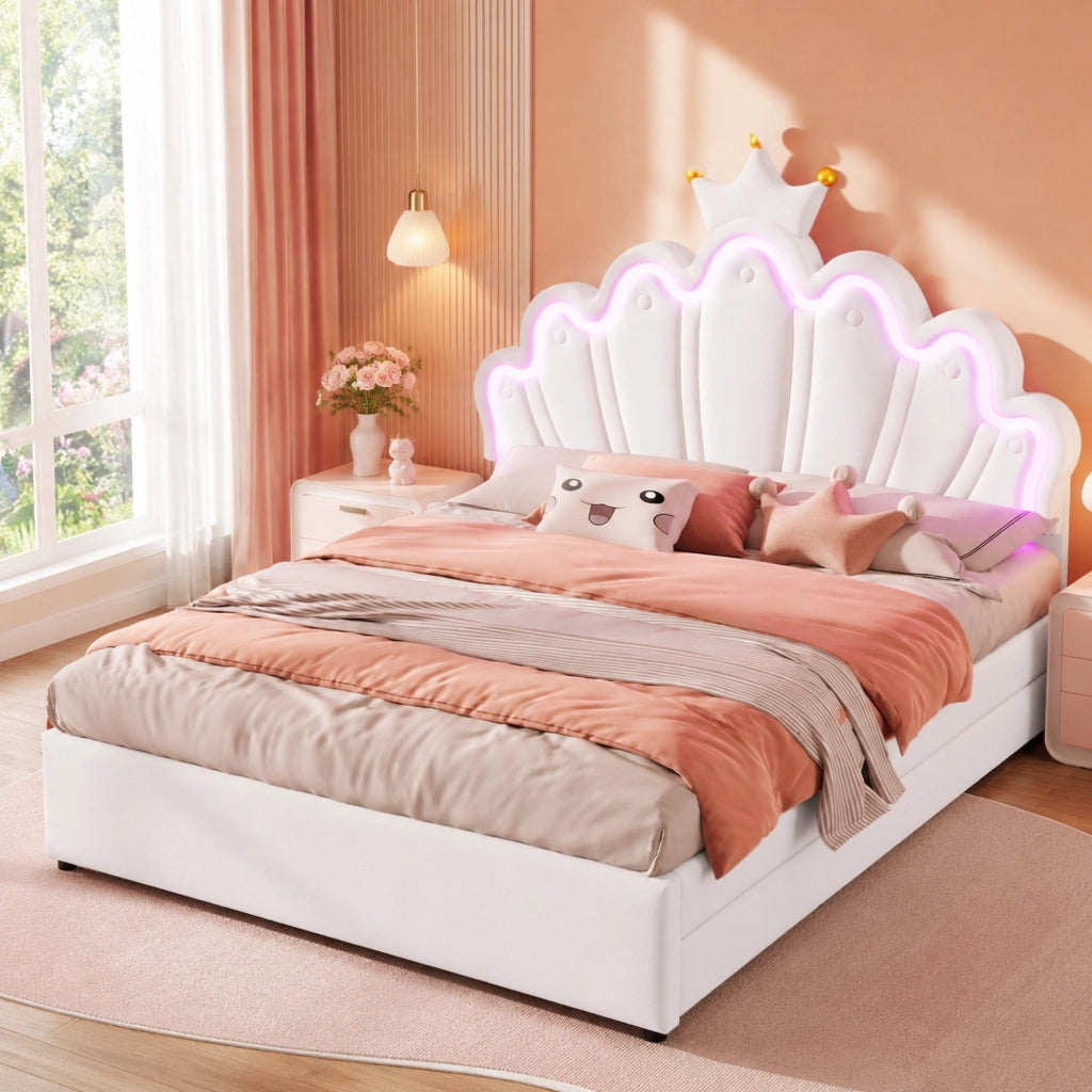 Letto imbottito 140x200 cm con 2 cassetti e LED multicolore; testiera regolabile in PU bianco