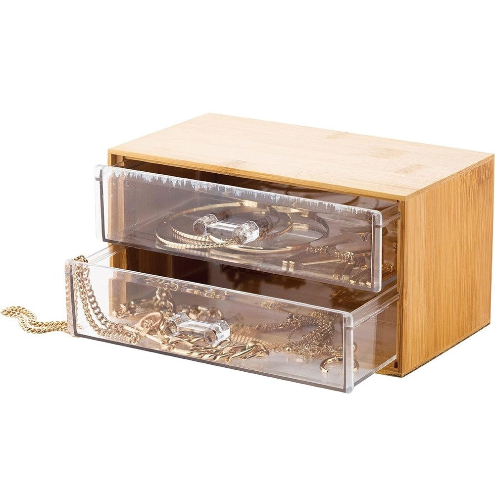 Trade Shop - Porta Gioielli Cosmetici Con 2 Cassetti Organizzatore Casa In Legno 19x11.7x9.6 Cm 10829 -