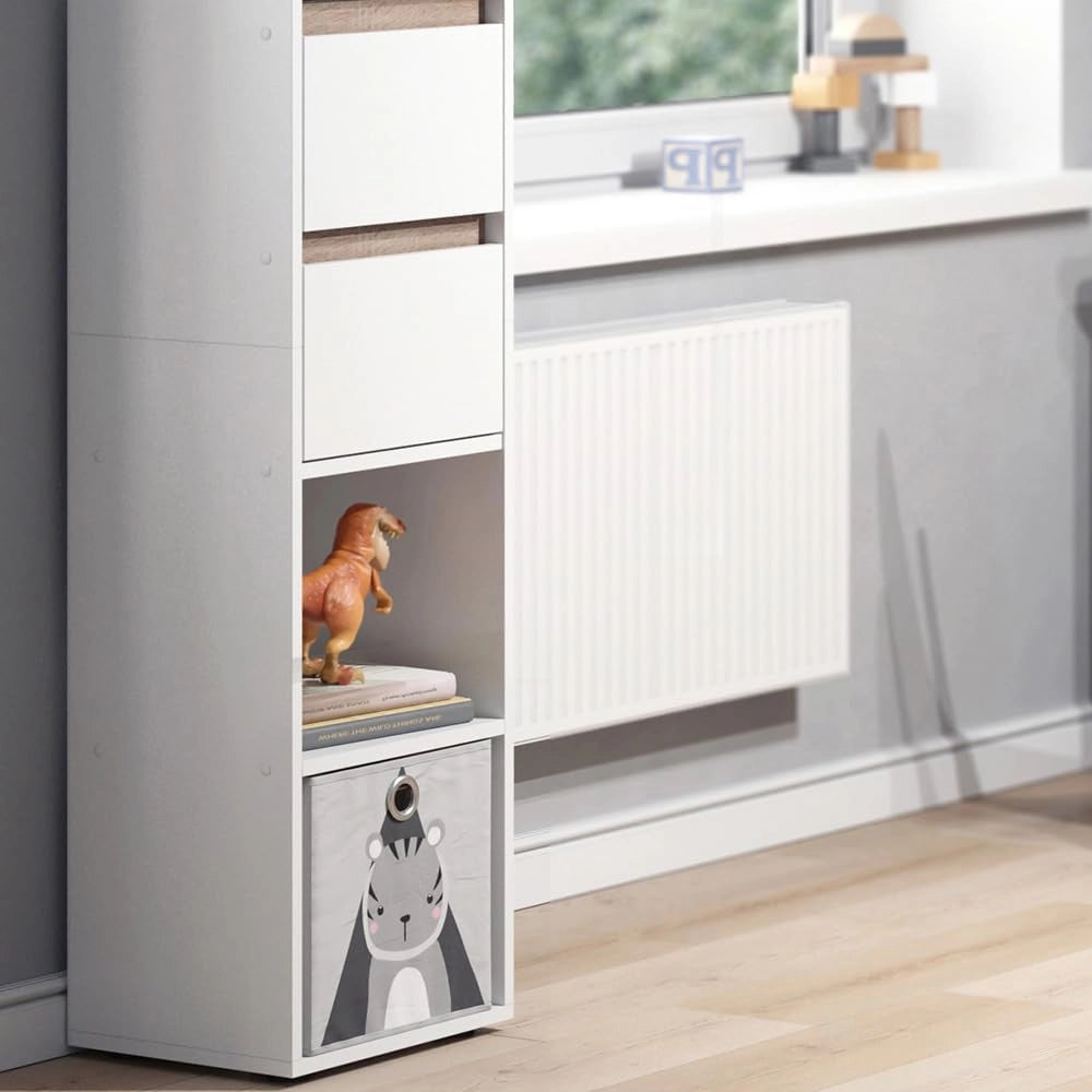 Libreria bambini Robert, Bianco, 36.2 x 171 cm con box pieghevole grigio, adatto per riporre giocattoli e libri