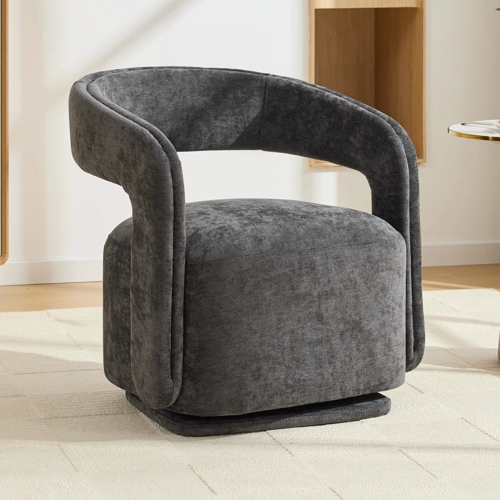 Poltrona girevole 360° in chenille scuro, design Barrel Chair, struttura in legno, 70x65,5x74 cm