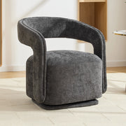 Poltrona girevole 360° in chenille scuro, design Barrel Chair, struttura in legno, 70x65,5x74 cm