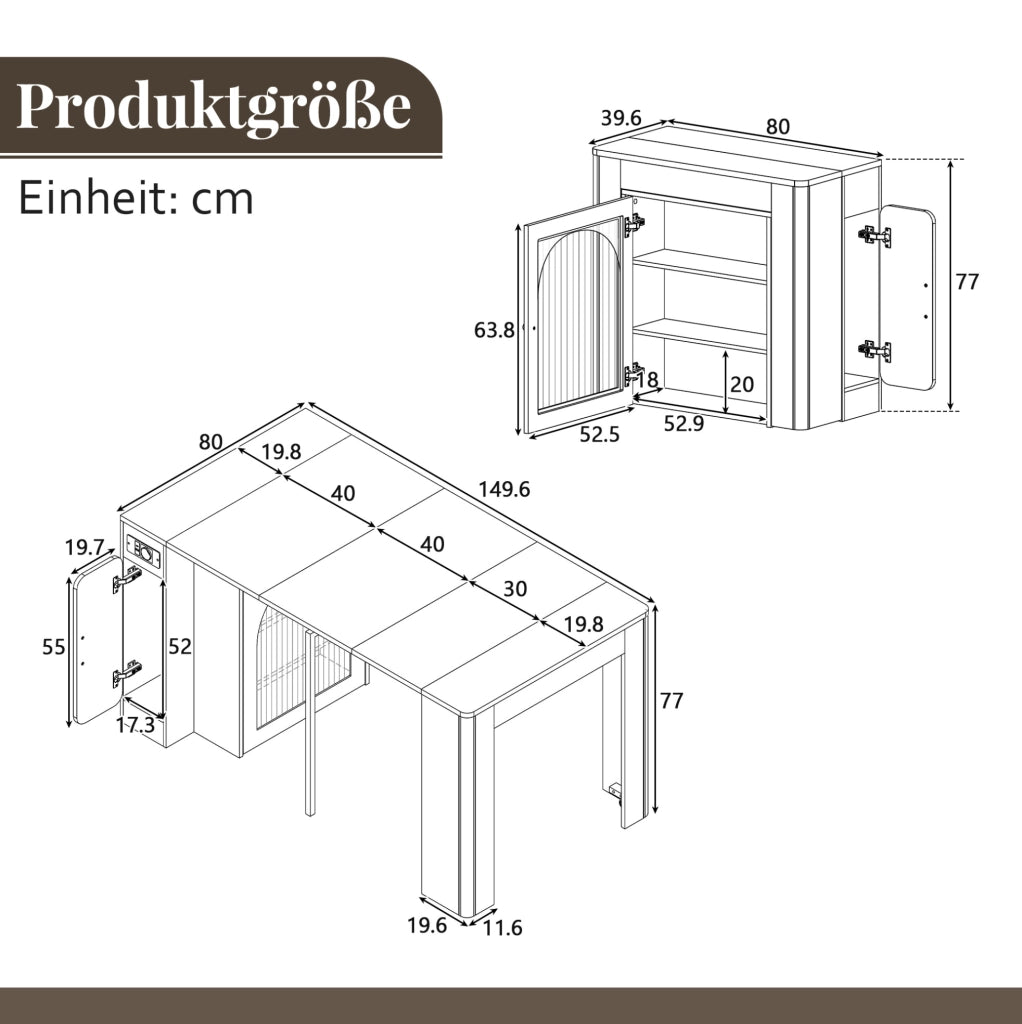 Tavolo allungabile 83x39.6~79.6~119.6~149.6x77 cm con ruote e prese USB Type-C in MDF e vetro bianco e nero