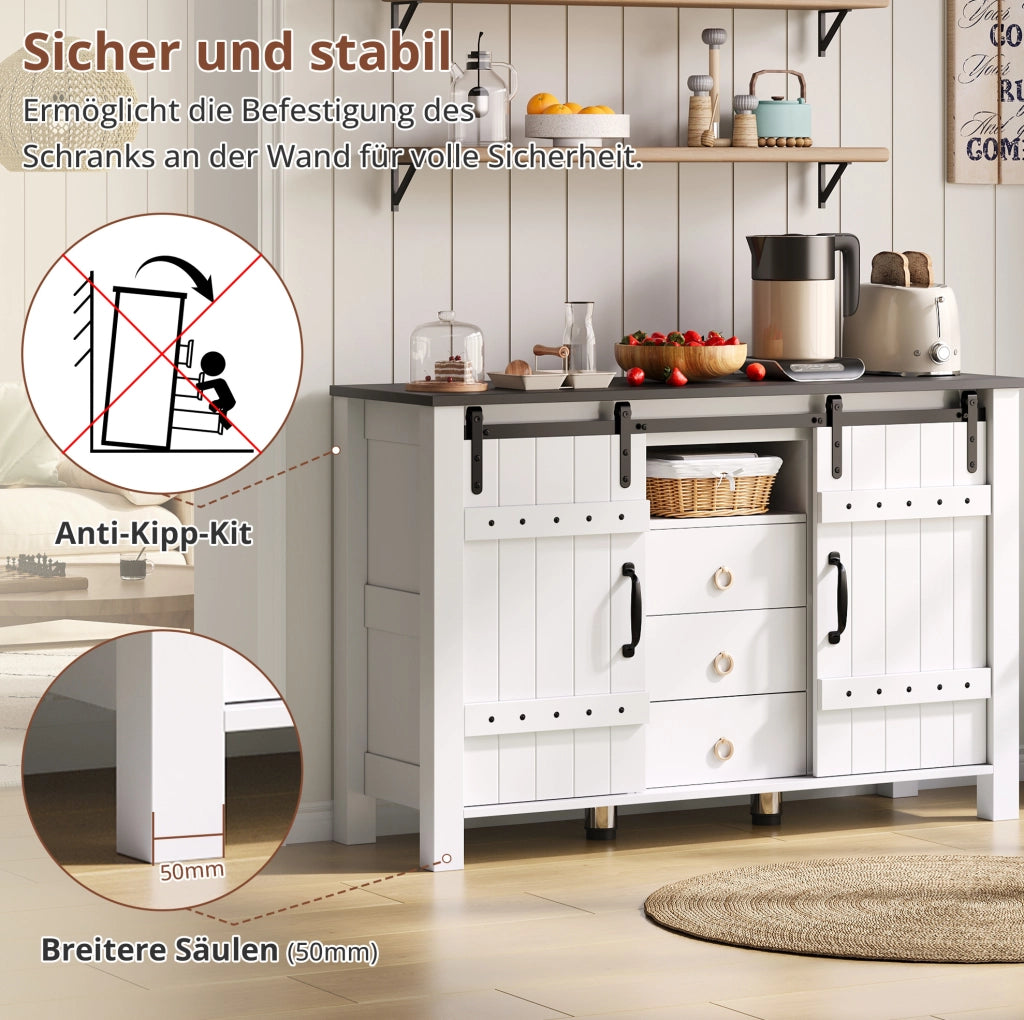Credenza moderna 120 cm bianca con ante scorrevoli e 3 cassetti
