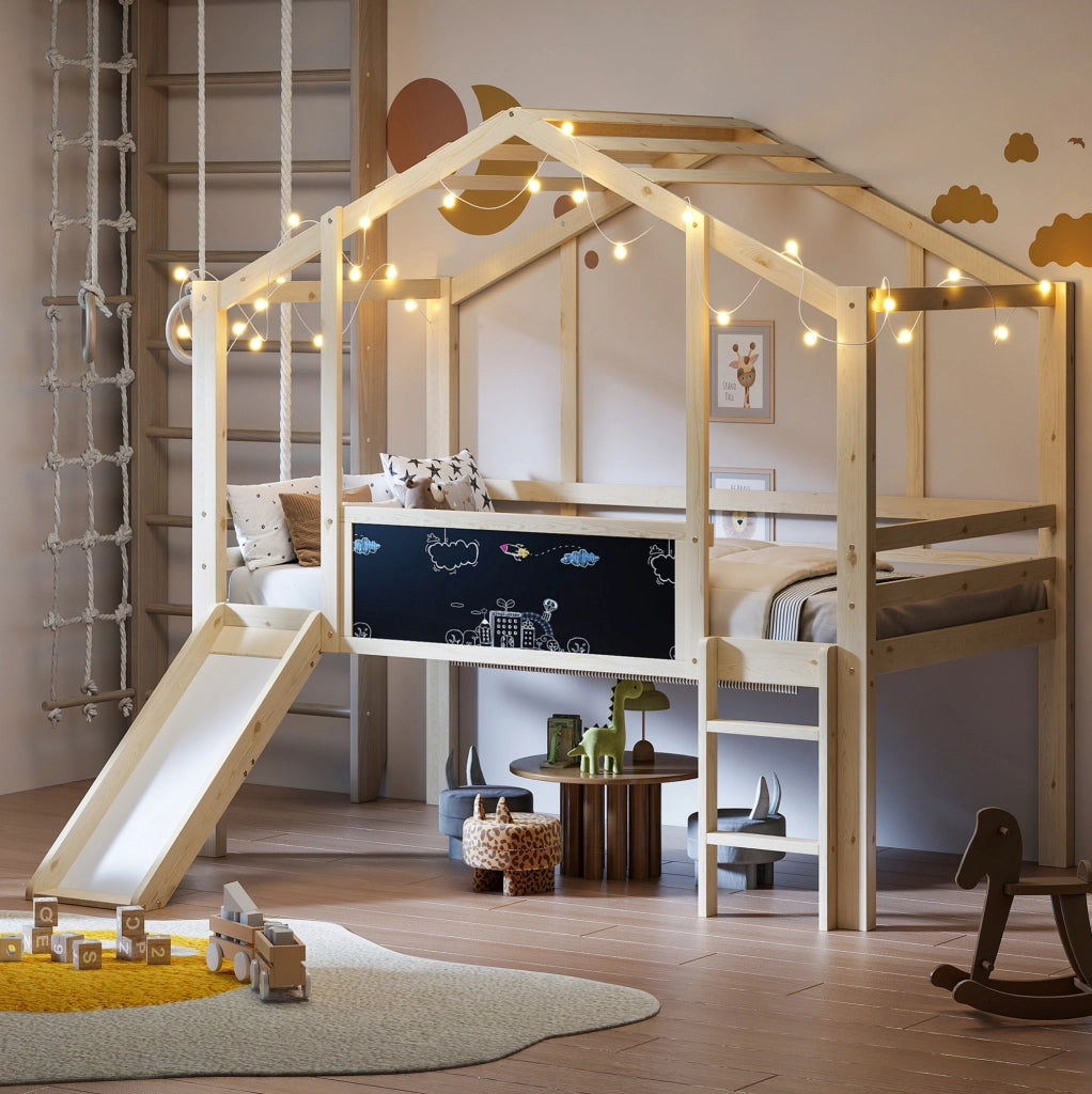 Letto a soppalco per bambini 90 x 200 cm in legno massello con scivolo