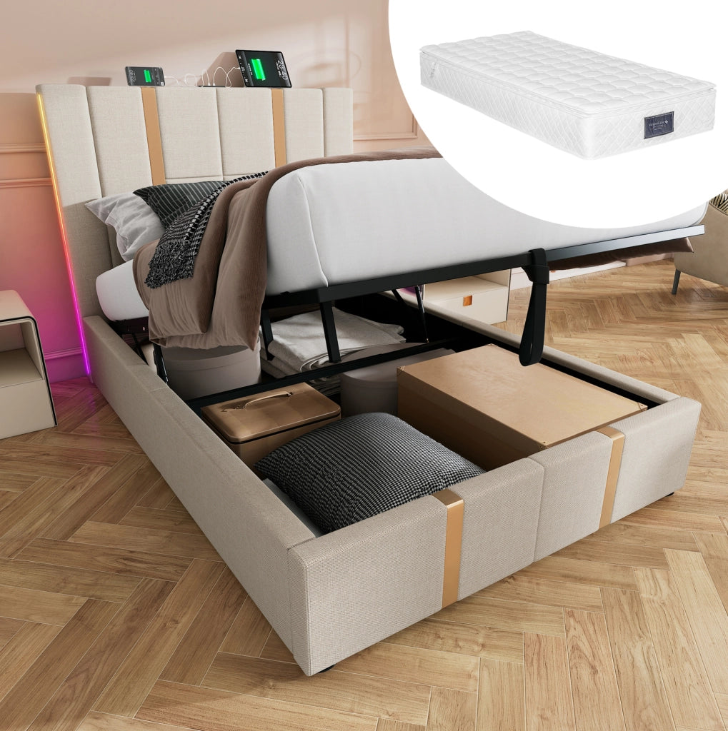 Letto imbottito 90x200 cm con LED RGB; USB e Type-C; contenitore; lino beige