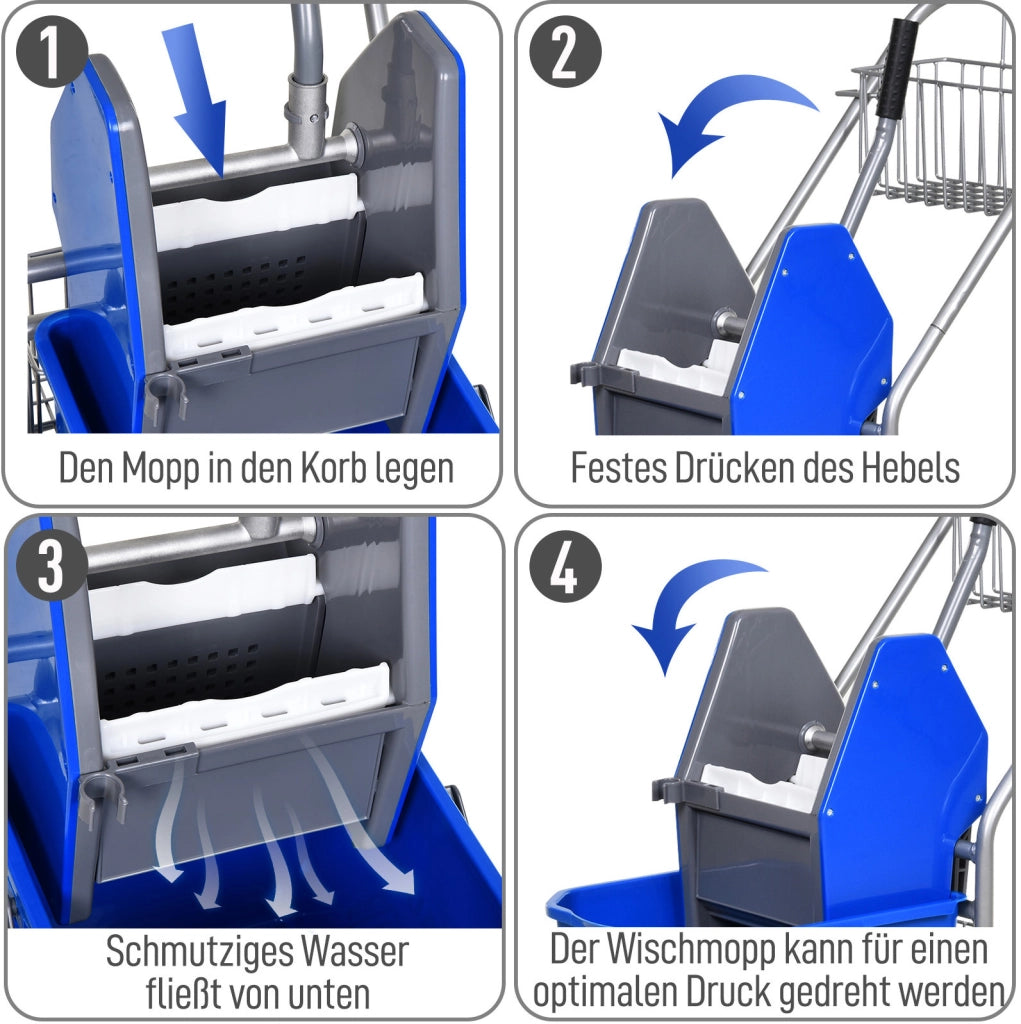 Carrello per pulizie blu 26 L con strizzatore, cestelli e ruote