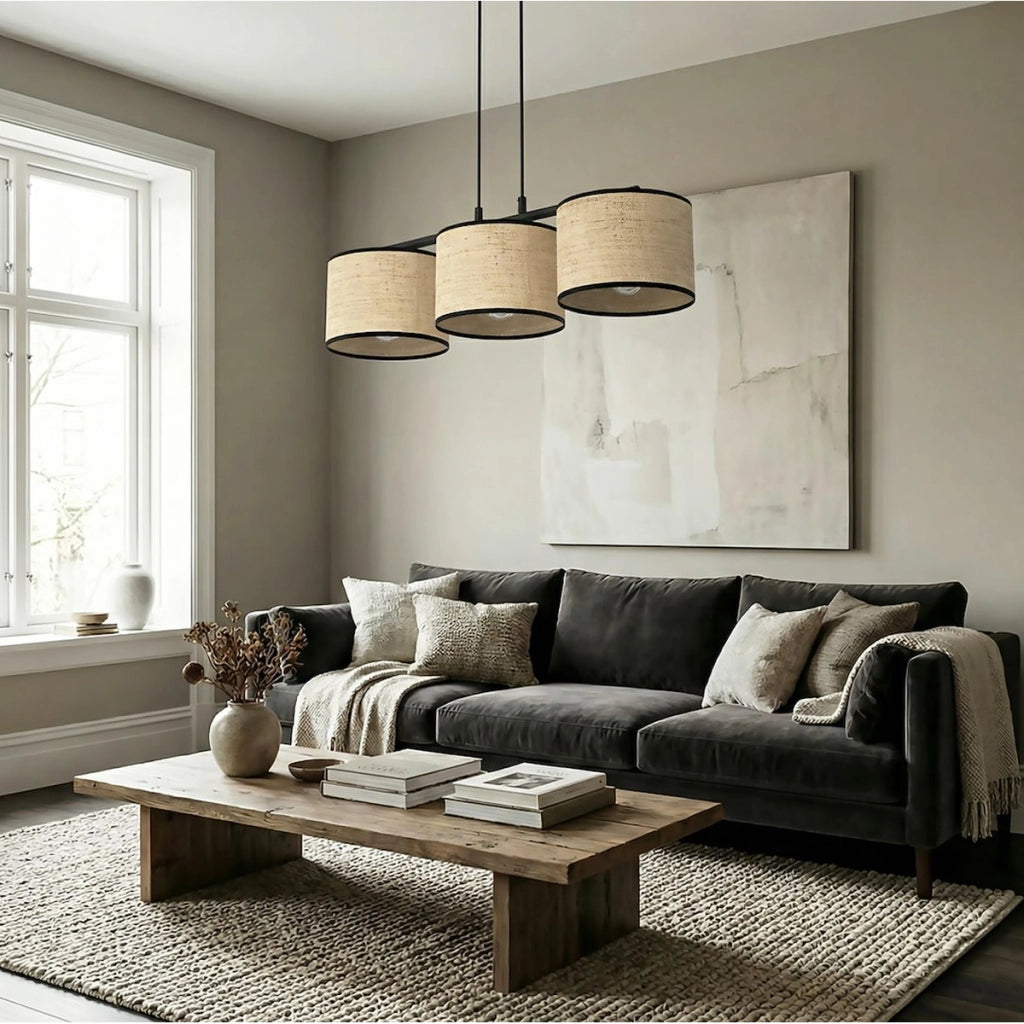 Lampada a sospensione Eco in acciaio nero e rattan