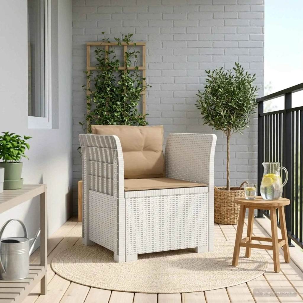 Sedia da giardino-Poltrona a 1 Posto con Cuscini Aspetto Rattan PP Bianco 626405