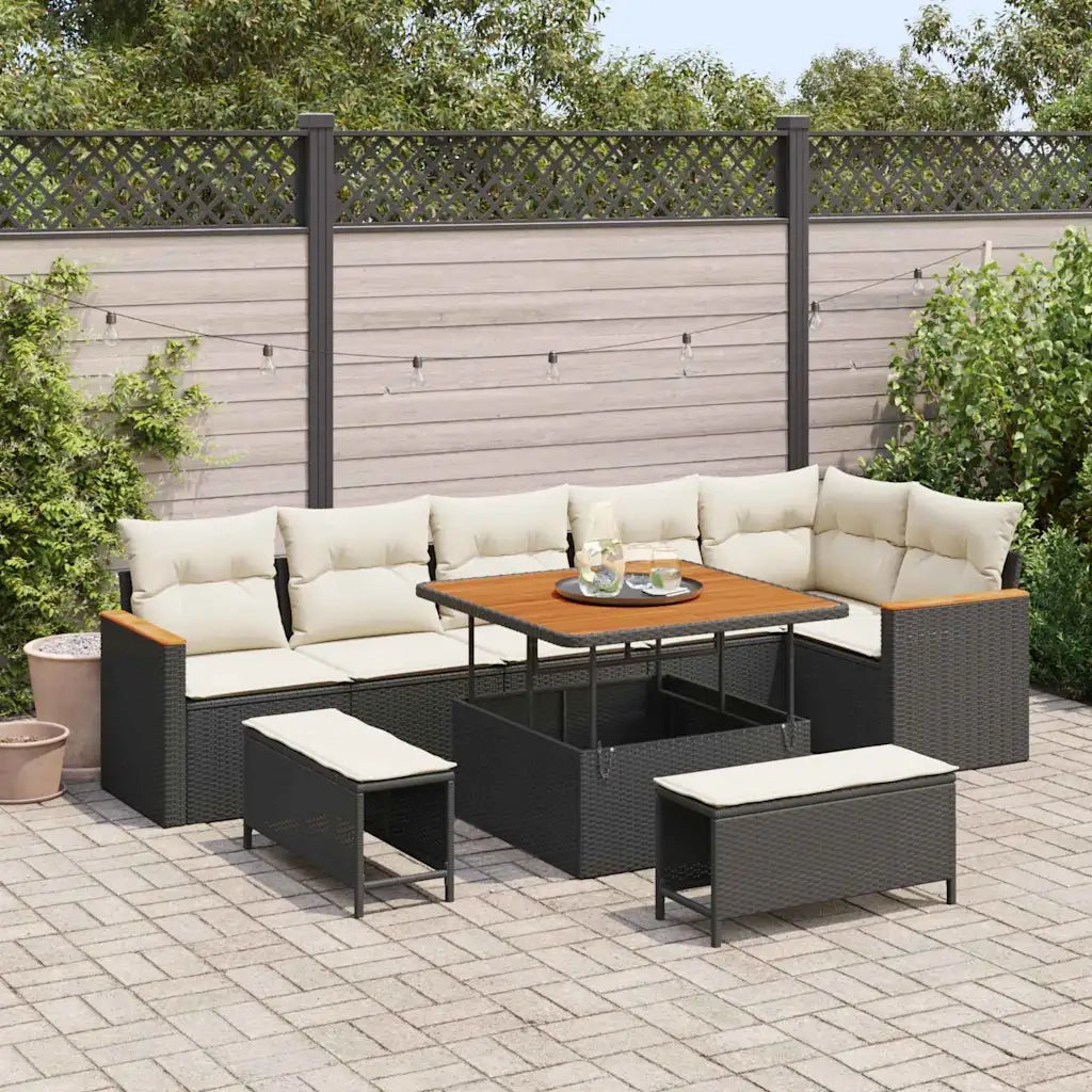 Set Divano da Giardino con cuscino 9 pcs Nero Poly Rattan