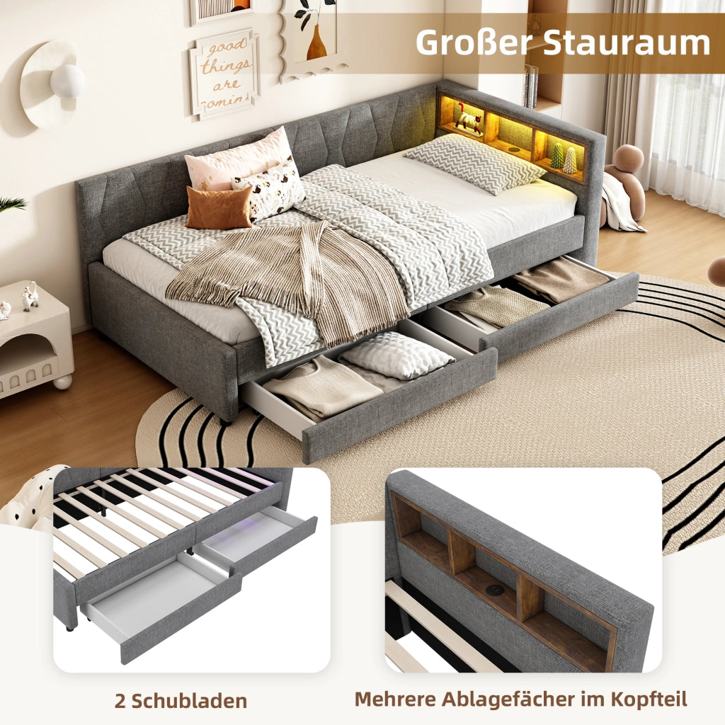LETTO Giorno 90x200 cm Grigio in lino e MDF con USB e LED
