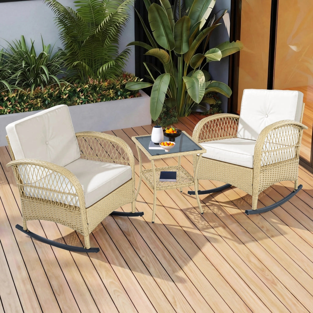 Set Balcone Rattan 3 Pezzi con Sedia a Dondolo e Cuscini Beige ¨C Xylo