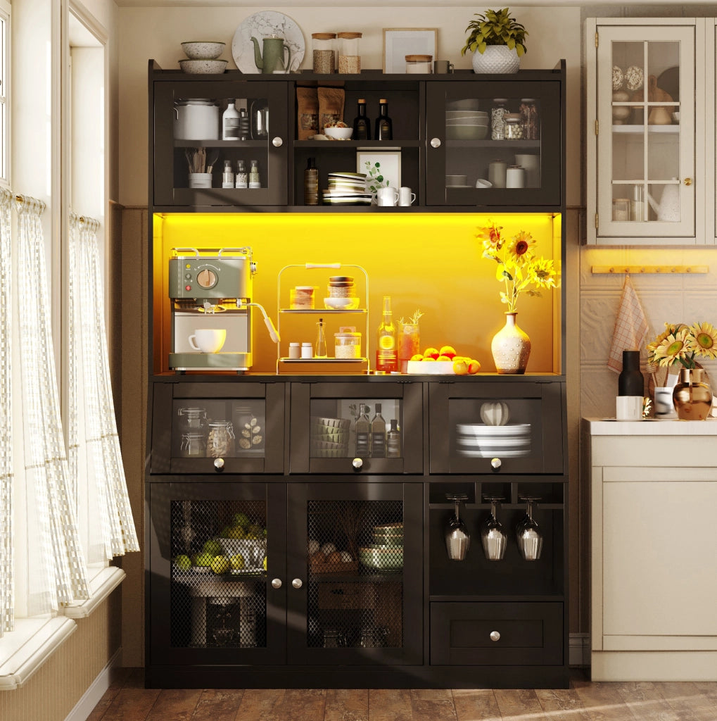 Credenza cucina 120x40x181.7 cm con luci LED multicolore; anta in vetro; MDF nero