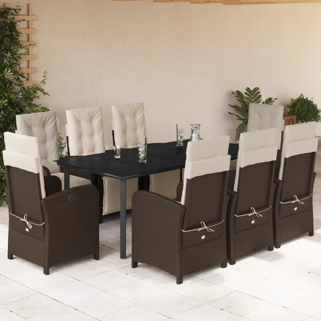 Set da Pranzo da Giardino 9pz con Cuscini Marrone in Polyrattan