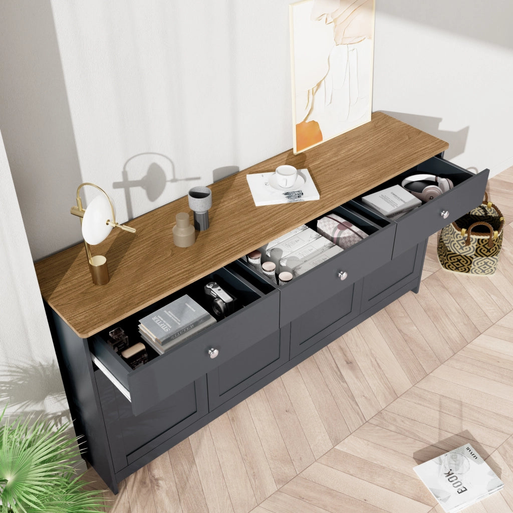Credenza con 4 Ante e 3 Cassetti; Ripiani Regolabili; Stile Country; in MDF; Nero E Grigio; 160??37??75 cm