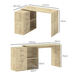Scrivania da Ufficio Angolare 3 Cassetti e Ripiani Aperti 117x83,5x76 cm in Legno e Metallo Noce