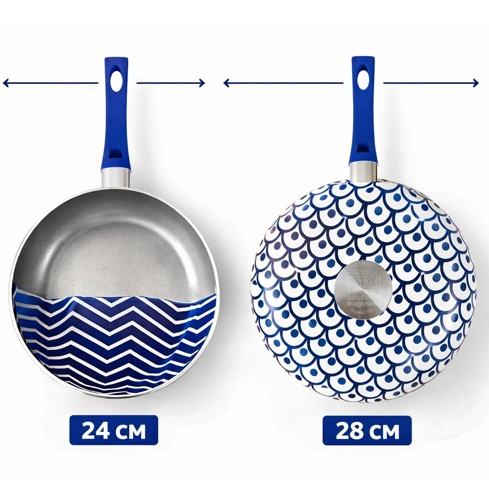 Set 2 Padelle Onda 24-28 cm Rivestimento Antiaderente con Manico Soft Touch Blu