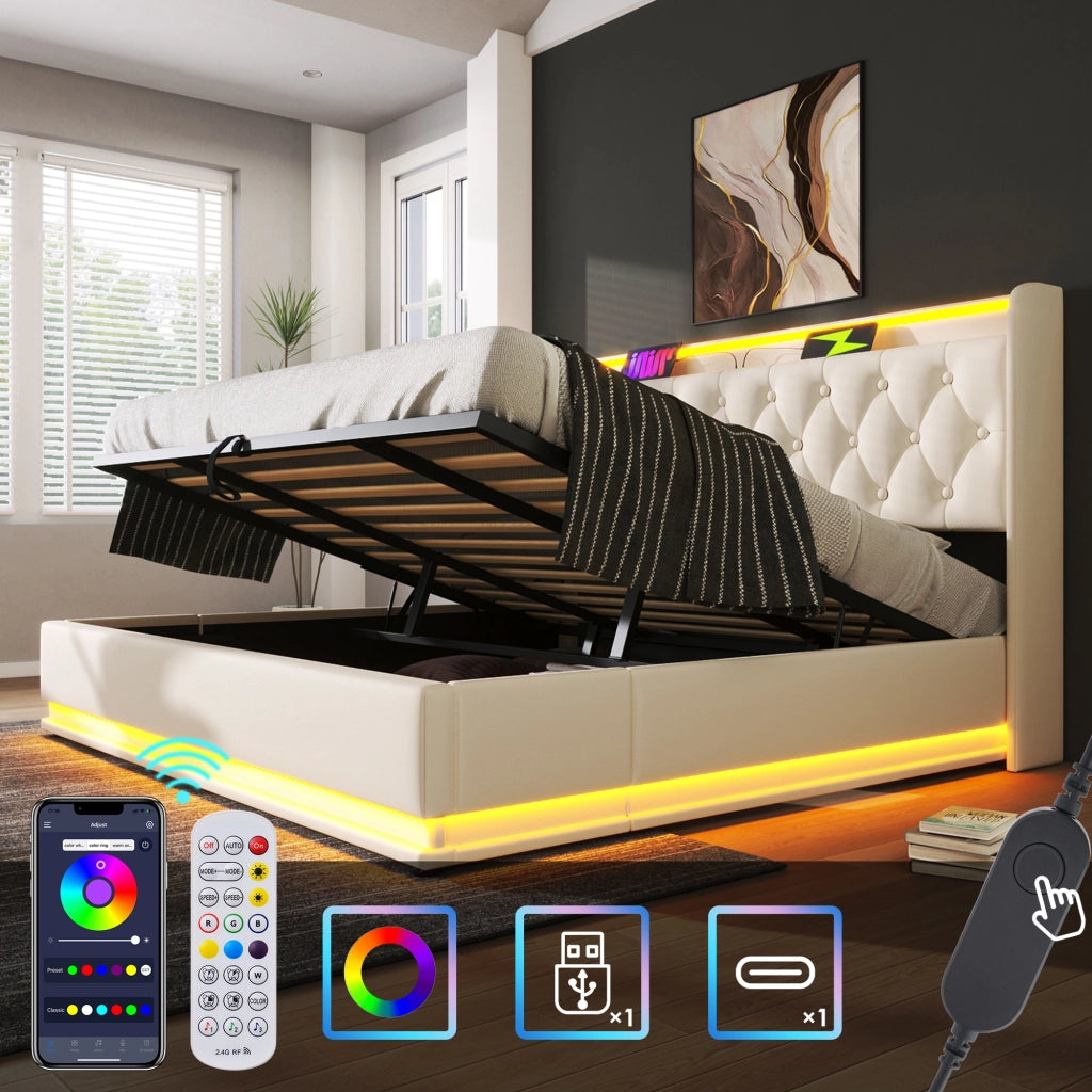 Letto Matrimoniale Contenitore 180x200 cm con LED; USB e Type-C in PU Bianco