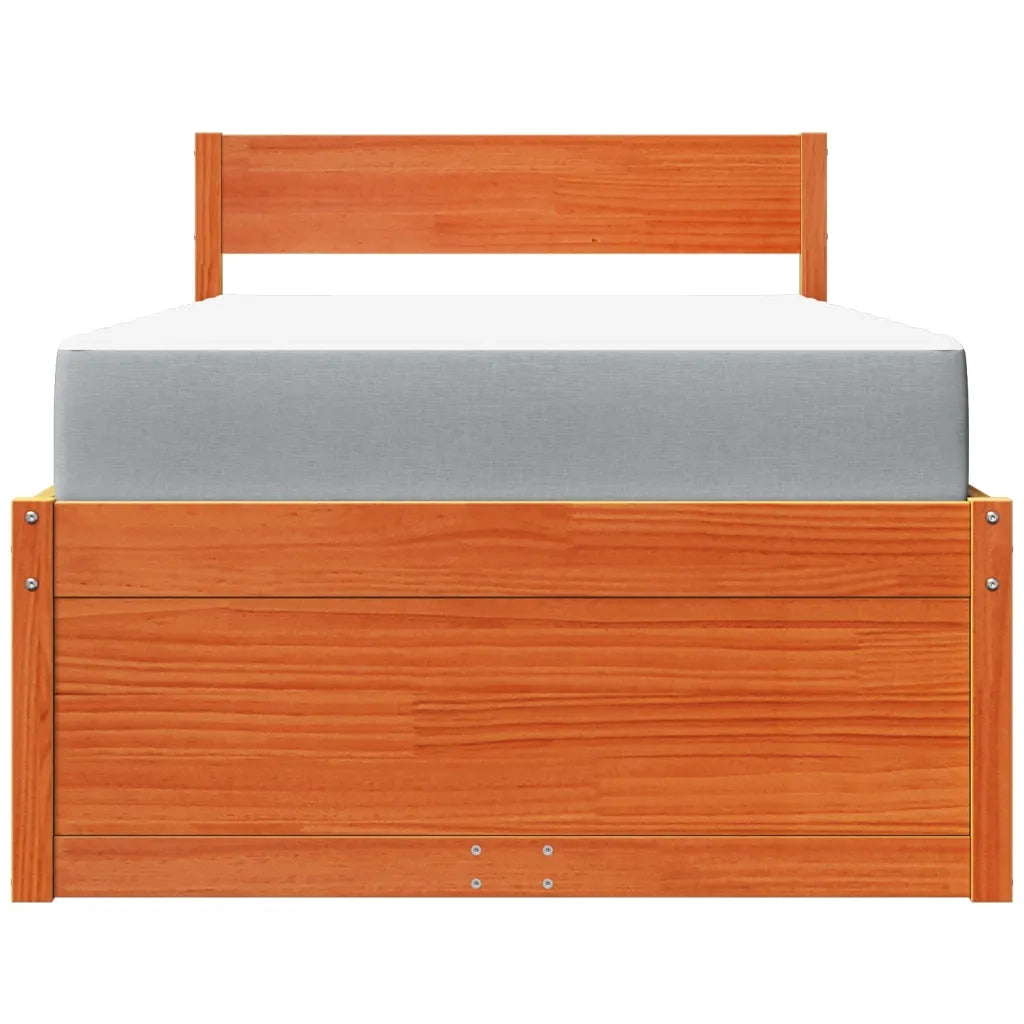 Letto Cassetti e Materasso Marrone Cera 100x200cm Massello Pino
