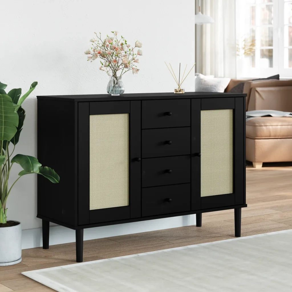 Credenza SENJA Aspetto Rattan Nero 112x40x80 cm Massello Pino 358027