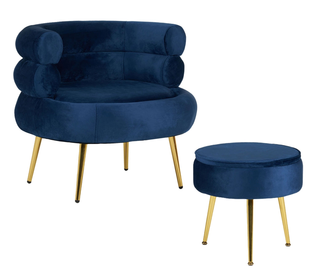 Poltrona Camera da Letto e Salotto in Velluto con Poggiapiedi Contenitore - Poltroncina Relax Moderna con Gambe in Metallo Placcato Oro - Design Moderno, Seduta Morbida con Cuscino - Sedia in Velluto - Blu