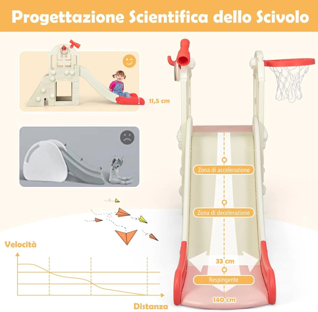Scivolo per Bambini 6 in 1, Set da Gioco per Bambini con Canestro, Palla, Lancio dell'Anello e Cannocchiale, Ideale per Interni ed Esterni per Ragazzi e Ragazze, 189,5 x 83 x 98 cm (Rosa)