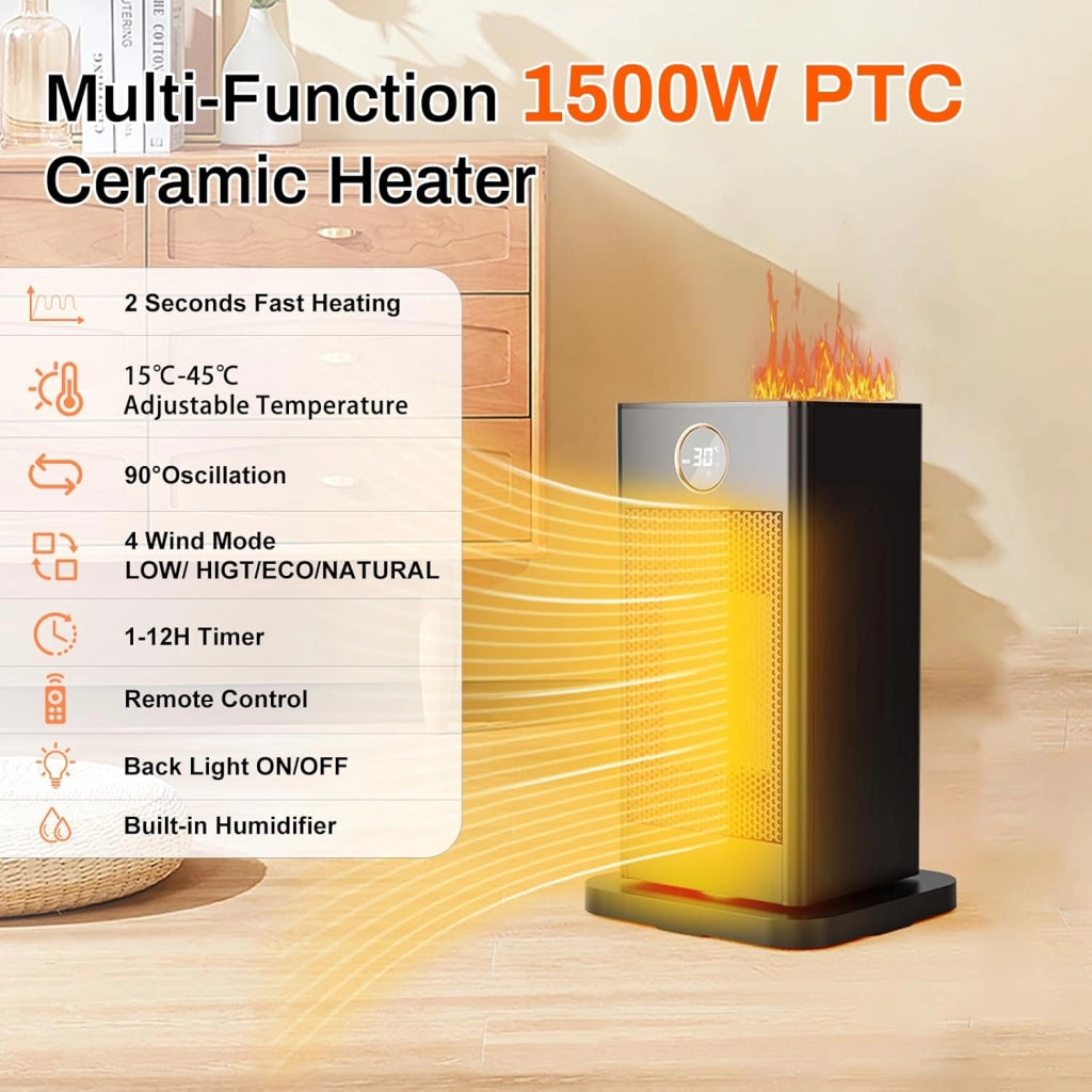 Termoventilatore piccolo, 1500 W, con funzione di umidificazione e luce ambientale, PTC, silenzioso, a risparmio energetico, timer da 12 ore, 4 modalità, oscillazione a 90°, con telecomando,