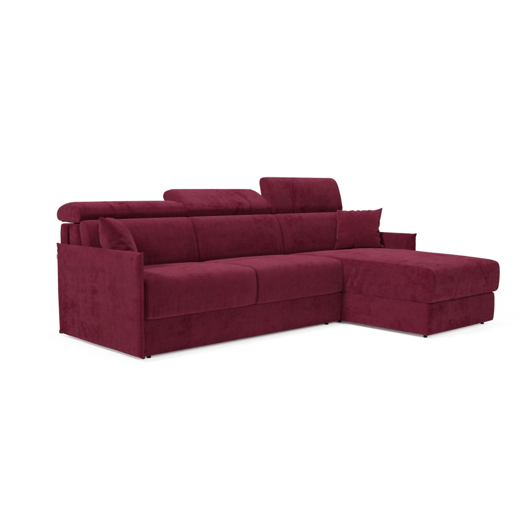 Miryam divano letto angolare compatto - poggiatesta reclinabili e penisola contenitore in tessuto smacchiabile T31 232 cm destro vinaccia