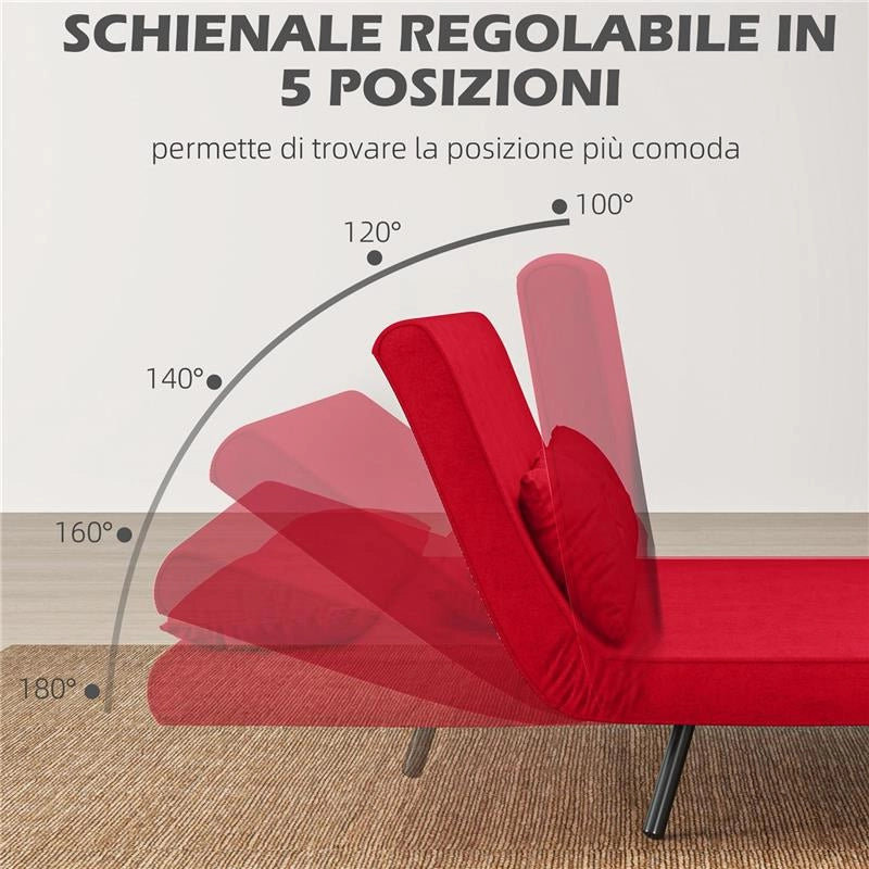 DIVANO LETTO IN TESSUTO EFFETTO VELLUTO CON SCHIENALE REGOLABILE E 2 CUSCINI 102X73X81 CM ROSSO