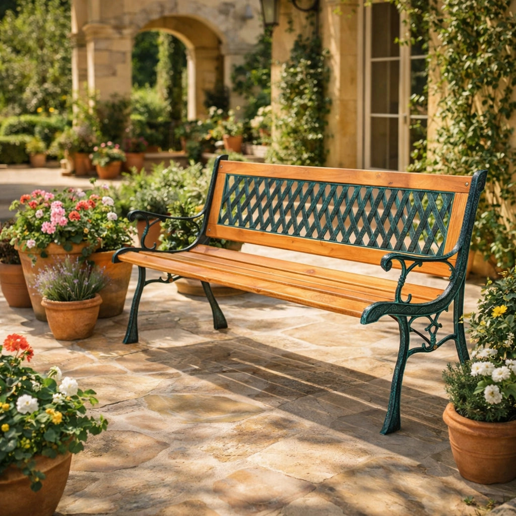 Panchina Da Giardino 2 Posti In Legno E Ghisa Panca Design Vintage Elegante Con Schienale A Traliccio Resistente E Compatta Ideale Per Terrazzo Balcone Giardino 128 x 51 x 73 Cm
