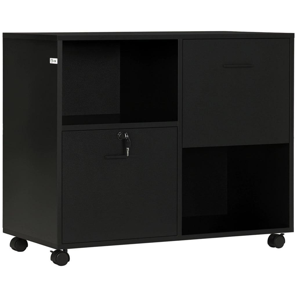 Mobile da Ufficio con 2 Cassetti Porta Documenti e Ripiani, Ruote con Blocco, 80x40x66cm, Nero