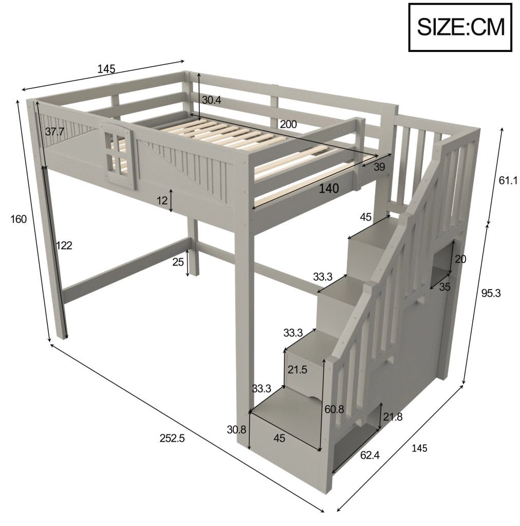 Letto a soppalco 140x200 cm in legno con scala contenitore reversibile