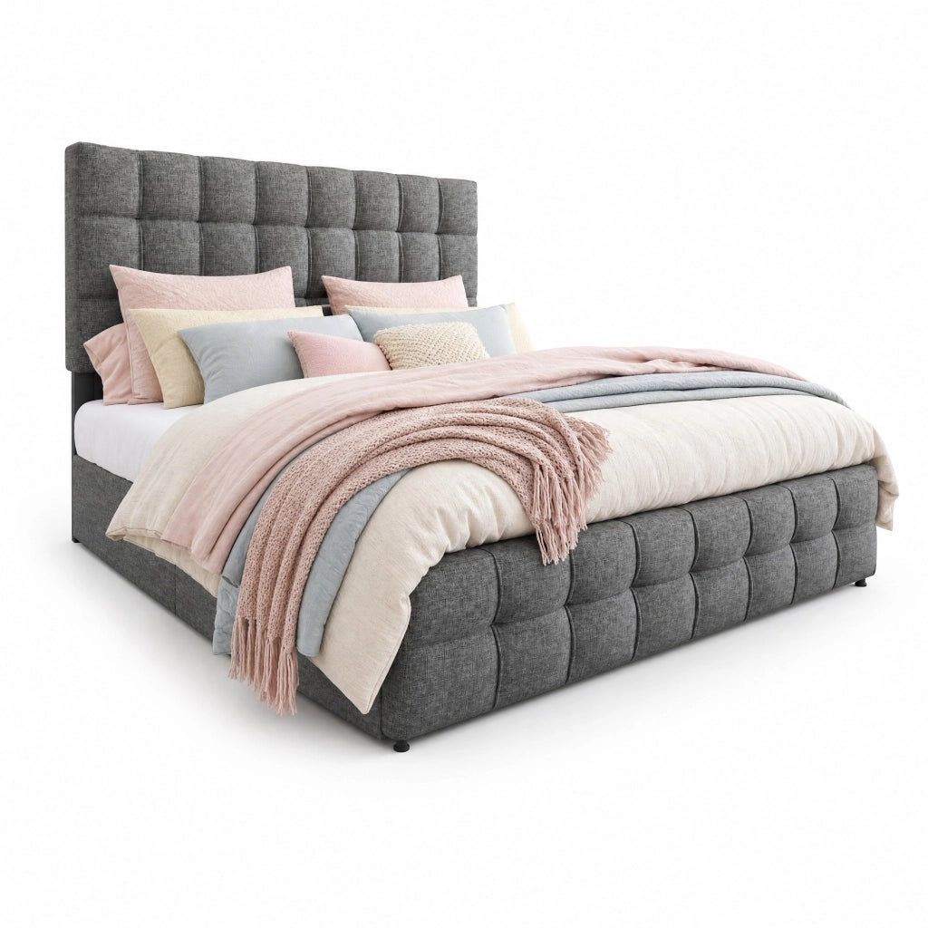 Letto imbottito matrimoniale con 4 cassetti, rete in acciaio, testiera regolabile in altezza, tessuto effetto lino, grigio, 140x200 cm