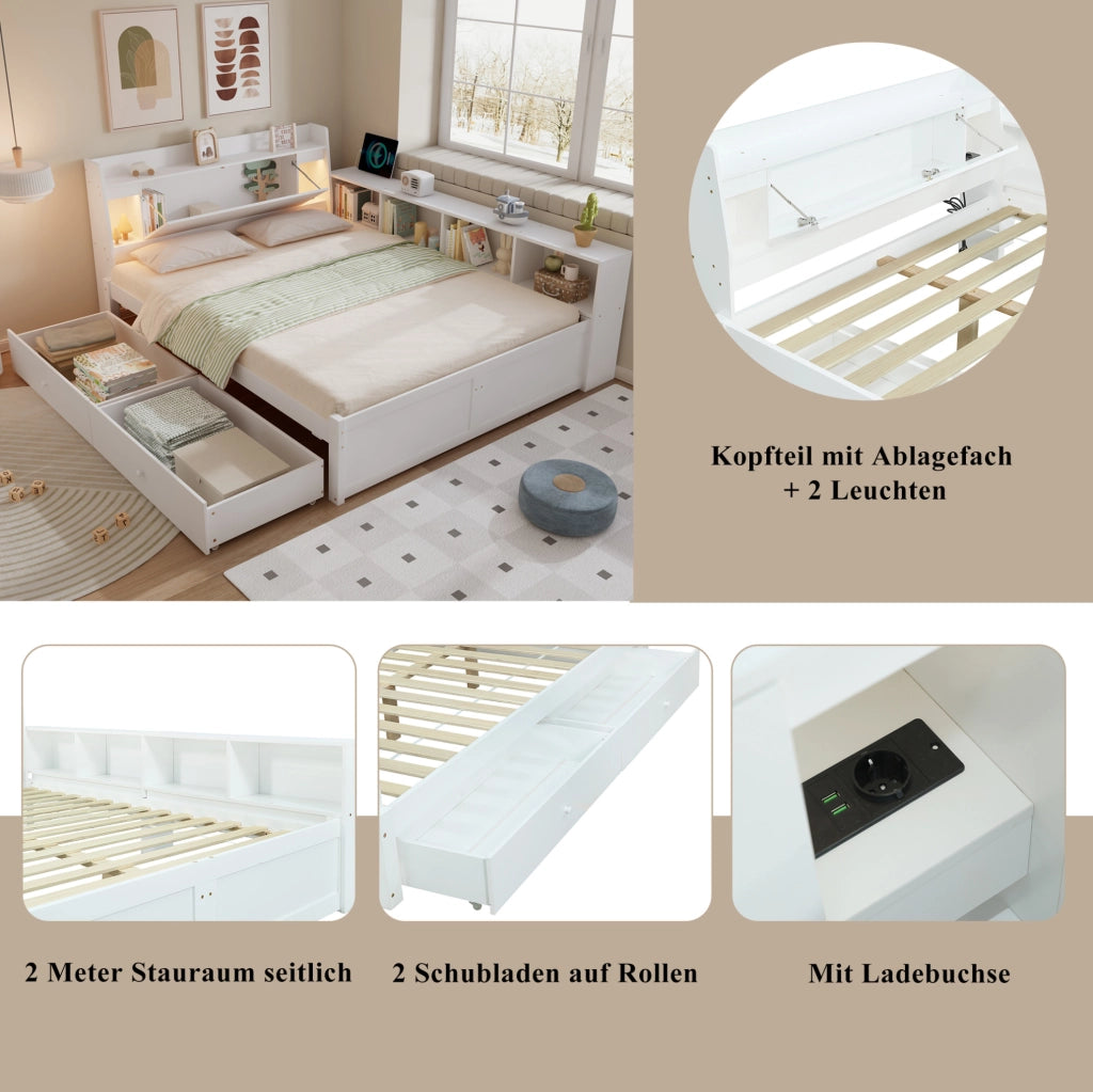 Letto matrimoniale 140x200 cm bianco con contenitore, luci e presa di ricarica