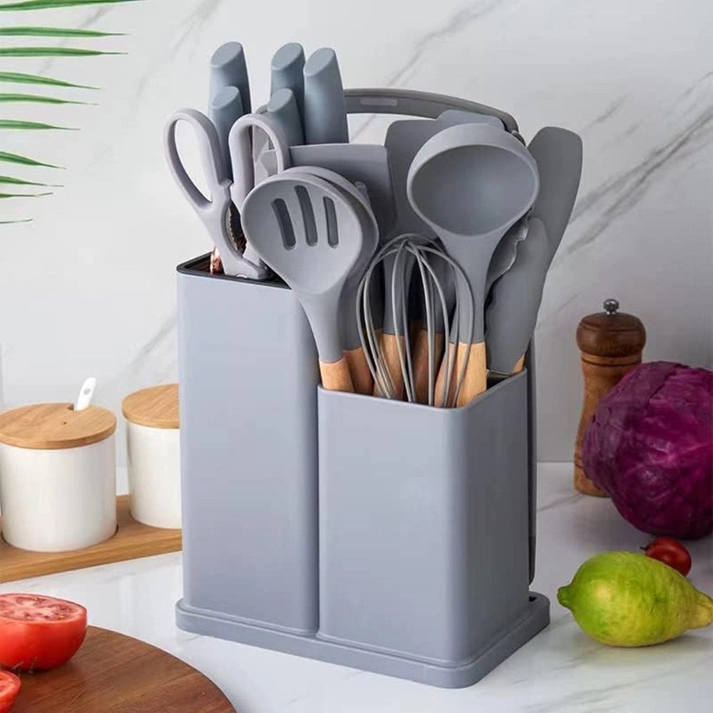 Trade Shop - Set Di Utensili Coltelli Da Cucina Da Chef Da 19 Pezzi In Silicone Con Manico In Legno -