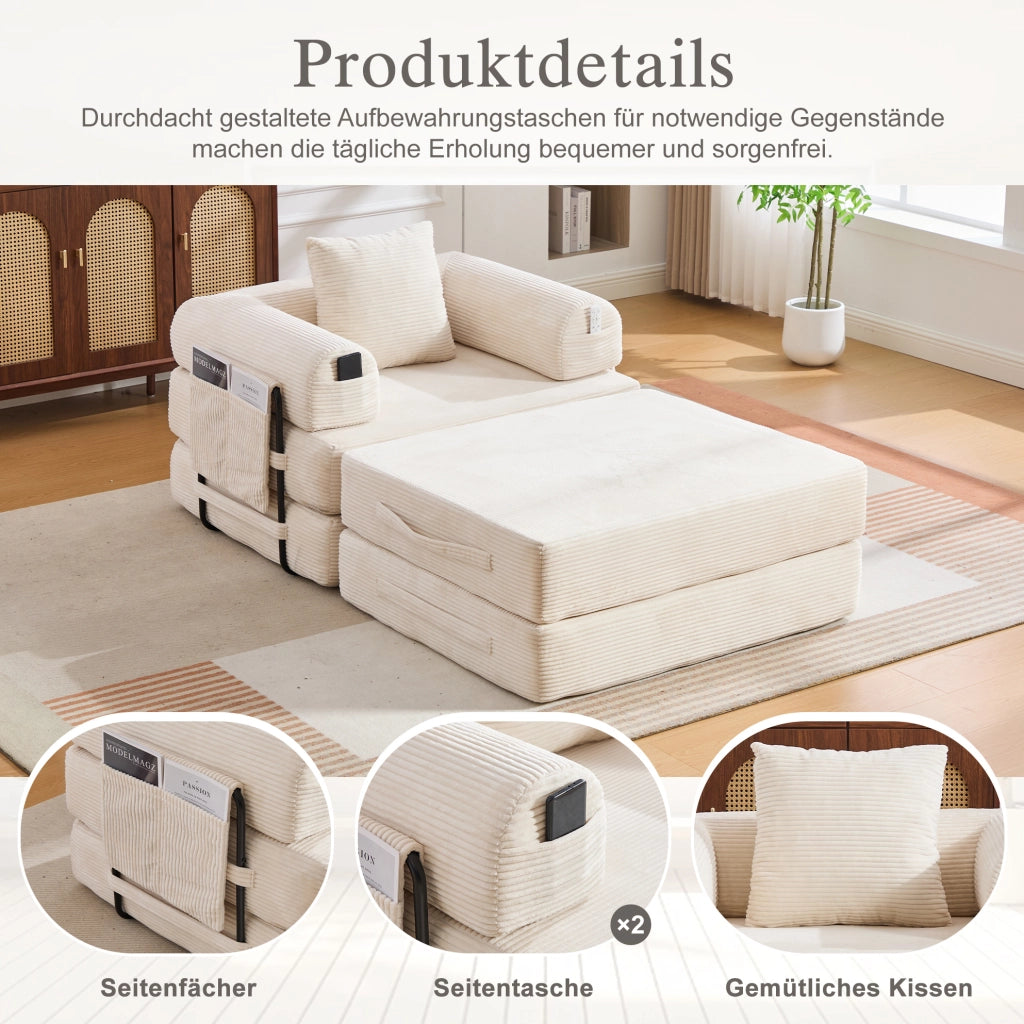 Divano modulare con pouf in velluto a coste; tasca laterale e cuscino; beige 112×190×67 cm