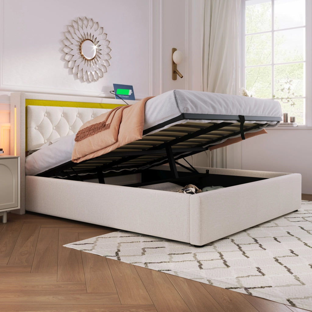 Letto matrimoniale contenitore 140x200 cm con LED e ricarica USB Type-C; beige chiaro; con materasso