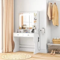 Toeletta Trucco con Luci LED 3 Tonalità e Specchio, Prese USB, 4 Cassetti e Mensole, 90x45x160cm, Bianco