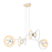 Lampadario 4 Luci Rea Acciaio Bianco Legno Naturale E Diffusori Doppio Cerchio
