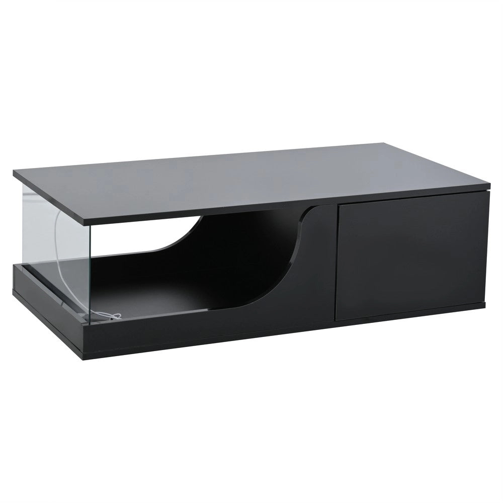 Tavolino da Caff¨¨ con 2 Cassetti e LED ¨C MINIMAL ¨C MDF/Vetro Temperato Nero Lucido 100x50x30