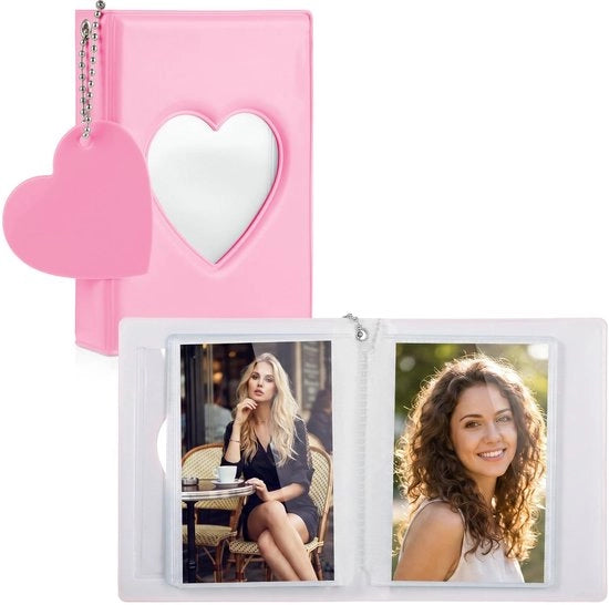 Album fotografico a forma di cuore, 9 cm, mini-album fotografico, copertina a forma di cuore con spazio interno, piccolo contenitore per foto con chiodo e 32 contenitori per foto (rosa)