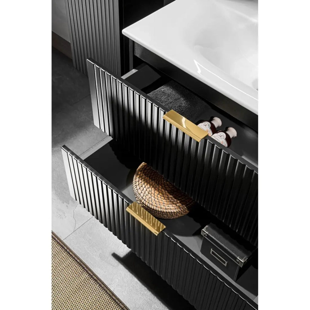 Mobile sotto lavabo NOXERA – 60 cm – 2 cassetti – Nero opaco – Design scanalato sospeso